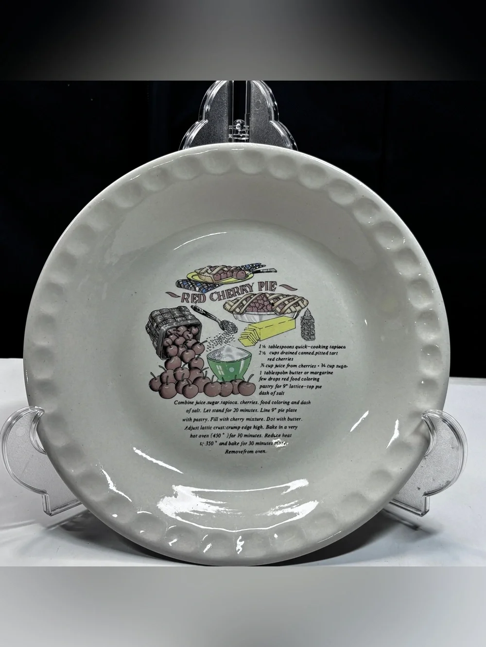 Vintage Red Cherry Pie Baking Dish Plate Recipe 10 Inch Ivory